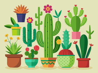 Cactuses. Desert plant, Mexican cacti flower, aloe, succulent. Cartoon decorative gardening cactus, home plants, summer Mexico nature plants. Vector flat set
