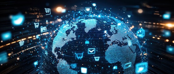 A globe surrounded by digital shopping icons, emphasizing the worldwide impact of ecommerce