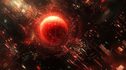 Obraz premium Red glowing sphere surrounded by abstract red lines and shapes