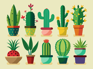 Cactuses. Desert plant, Mexican cacti flower, aloe, succulent. Cartoon decorative gardening cactus, home plants, summer Mexico nature plants. Vector flat set
