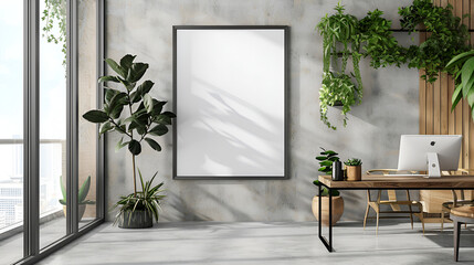 Modern office with empty poster frame, wooden decor, and lush plants mockup.