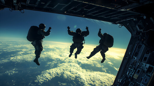 High-Altitude HALO Jump: Depict Navy SEALs performing a High-Altitude Low-Opening (HALO) jump from a military aircraft. The scene shows the SEALs freefalling above the clouds with the curvature of the