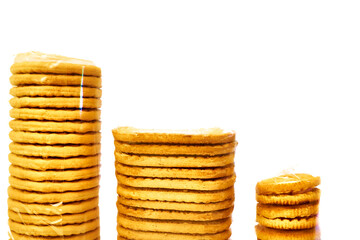 Delicious sweet cookies in a protective cellophane package for sale on a white 