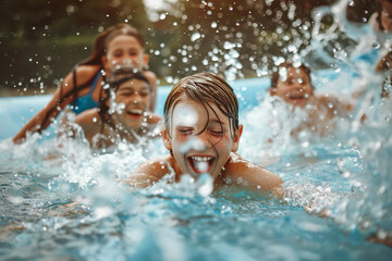 Happy cheerful boy splashing water on water slide at aqua park, joyful children having fun splashing into pool after going down water slide