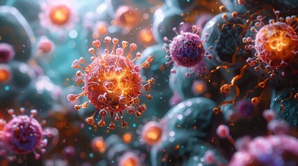 Close-up view of virus cells under the microscope, showcasing the microscopic details and vivid colors of a viral infection.