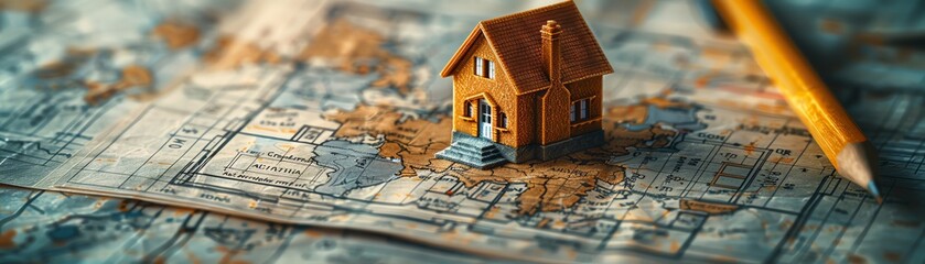 Naklejka premium Miniature house model placed on architectural blueprints with pencil, showcasing real estate planning and construction design process.