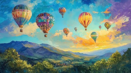 Naklejka premium Whimsical scene of a hot air balloon festival at sunrise, colorful balloons floating above a scenic landscape, vibrant and joyful atmosphere, celebration of adventure and exploration, artistic represe