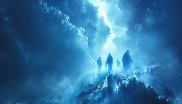 Mysterious figures standing on a mystical mountain peak enveloped in ethereal blue light, surrounded by dramatic clouds and a glowing sky.