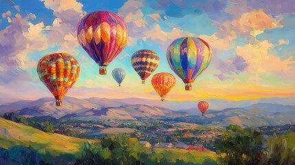 Obraz premium Whimsical scene of a hot air balloon festival at sunrise, colorful balloons floating above a scenic landscape, vibrant and joyful atmosphere, celebration of adventure and exploration, artistic represe