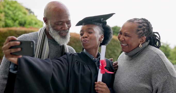 Woman, graduation selfie and happy with parents for memory, goal or celebration at campus. University student, senior mom and father with kiss, photography or tongue with black family on social media