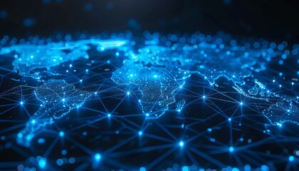 Obraz premium Global digital network representation with interconnected nodes and pathways, highlighting technology and communication advancements.