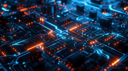 Obraz premium A close-up view of a futuristic digital circuit board featuring intricate neon blue and orange lights. The design showcases advanced technology and complex electronic patterns
