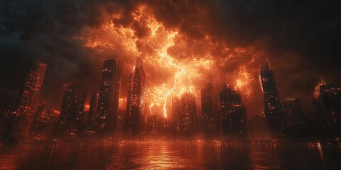 Obraz premium A Cityscape Under a Fiery Sky with Lightning Striking