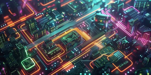 Obraz premium A vibrant digital visualization of a futuristic city with neon-lit circuits forming intricate pathways. The high-tech infrastructure highlights advanced urban architecture and technology.