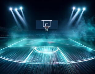 Fototapeta premium Atmospheric basketball court illuminated by neon lights with dramatic smoke, futuristic sports arena