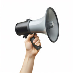 hand holding a megaphone isolated on white background