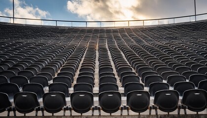 Fototapeta premium Black tribune seats on empty outdoor sport stadium arena, concept of fans and audience chairs