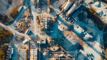 Aerial view of an industrial waste processing facility with large buildings, storage areas, and machinery. Surrounding piles of debris and dirt roads are visible, active industrial operations