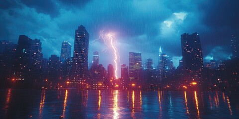 Obraz premium A Cityscape Under a Thunderstorm with Lightning Striking Over Buildings and Reflected in Water