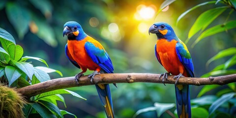 Obraz premium Vibrant blue and orange birds in a tropical forest, bright, colorful, blue, orange, birds, tropical, exotic, feathers