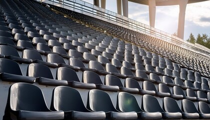 Fototapeta premium Black tribune seats on empty outdoor sport stadium arena, concept of fans and audience chairs