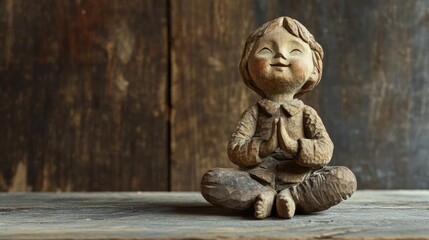 Carved wood doll posed in a sitting position on a vintage wooden table.
