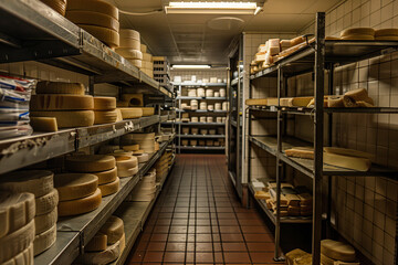 Obraz premium Beautiful cheese heads are stored on wooden shelves, in warehouse. View of rows of cheese wheels aging on wooden shelves.