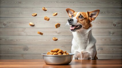 Happy dog catching treats in mid-air in front of a bowl of food, happy, dog, treats, catching, mid-air, sitting, bowl, food