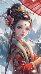 An elegant Asian woman in Hanfu, standing amidst a snowy landscape with towering snow-capped mountains, celebrates the Chinese New Year and Spring Festival. This 3D illustration captures the essence o