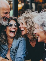 Group of friends laughing joyfully in outdoor cafe.
