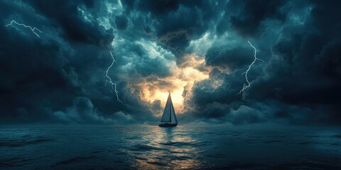 Sailboat Navigating Through Dramatic Stormy Seas