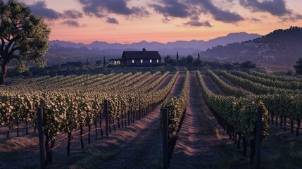 Expansive Vineyard at Dusk with Rows of Grapevines and Rustic Farmhouse in the Golden Glow of Sunset - Serene Countryside Landscape
