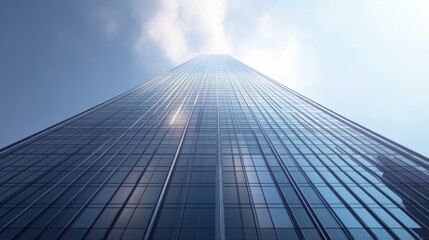 Fototapeta premium A low angle view of a glass skyscraper reaching up to the clouds