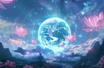 Obraz premium A glowing earth with lotus flowers floating in the sky, mountains and rivers below.