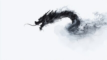 Fototapeta premium Dragon in Flight, an exquisite Chinese ink brush painting depicting a majestic dragon swirling gracefully among ethereal clouds, set against a pristine white background.