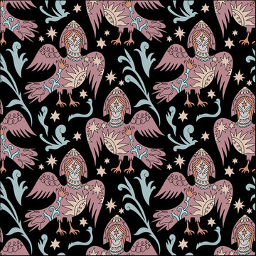 Alkonost Syrin folk slavic mythology bird woman character naif primitive folk style seamless pattern fairytale vector clip-art.