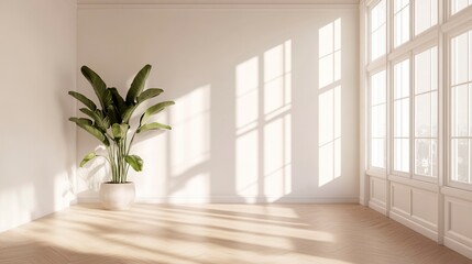 Empty bright room with wooden floor, minimalist interior with plant and sunlight from the large window.