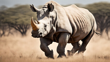 Fototapeta premium A powerful rhinoceros charge across the dusty plains of the savannah