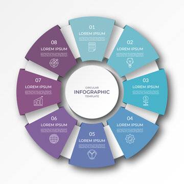 Infographic circular diagram with 8 options, parts. Eight-step process chart with colorful segments, applicable for data visualization, presentation, business infographics.