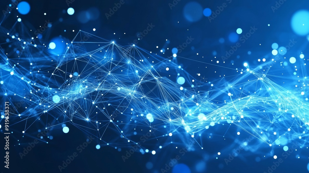 Poster 3d rendering of futuristic abstract mesh with luminous points and lines.