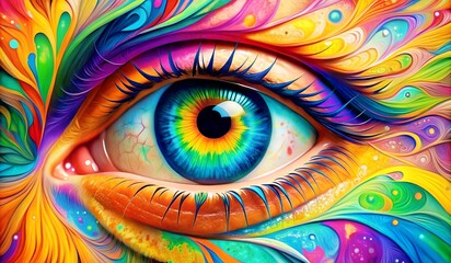 Abstract creative artistic inspirational colorful whimsical concept human eye iris makeup illustration
 