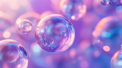 Delicate soap bubbles floating against a dreamy, purple-pink background, Perfect for use in projects related to relaxation, dreams, creativity, and childhood memories,