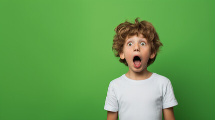 A surprised young boy with curly hair against a vibrant green background, his expression of amazement creating a fun and lively image.