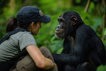 A woman sitting close to a chimpanzee, both engaged in an intense gaze, representing a connection and understanding between species.