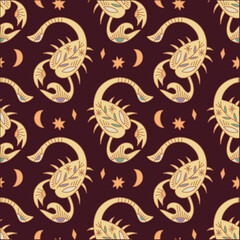Scoprio astrology zodiac doodle boho snakes naive funky cartoon hand-drawn art in Scandinavian style, celestial magic animal pattern, childish nursery seamless pattern clipart and more.