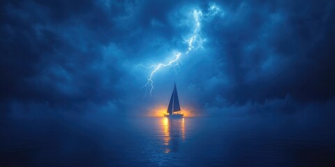 Sailboat Navigating Through a Stormy Sea with Lightning