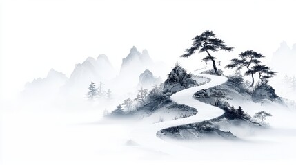 Serene Mountain Path, a delicate Chinese ink brush painting depicting a winding trail through lush trees, elegantly isolated against a pristine white background.