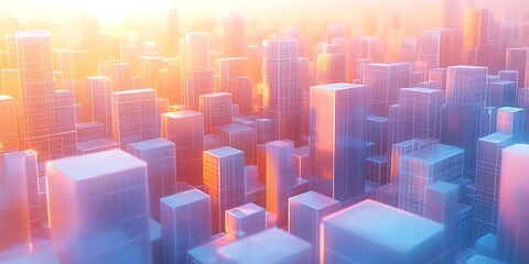 A futuristic cityscape bathed in warm orange light, depicting tall, abstract buildings, Ideal for...