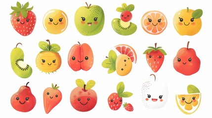 Adorable cartoon fruits with smiling faces create a cheerful and whimsical display of healthy snacks