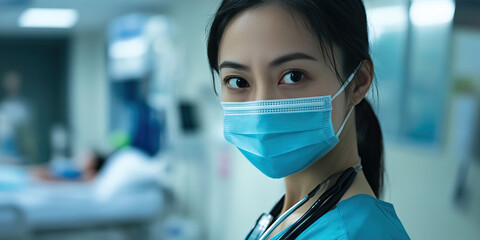 Asian woman in medical mask and scrubs, using stethoscope while standing by patient's bed